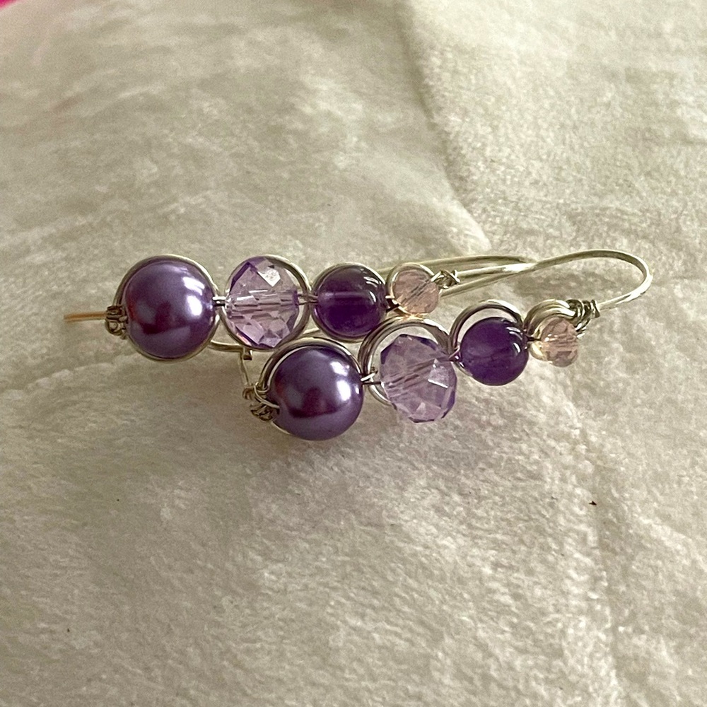 Silver plated purple earrings. Amethysts, pearls and Crystal beads.